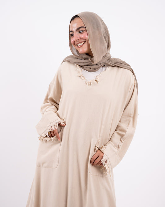 Fringes washed linen dress - beige