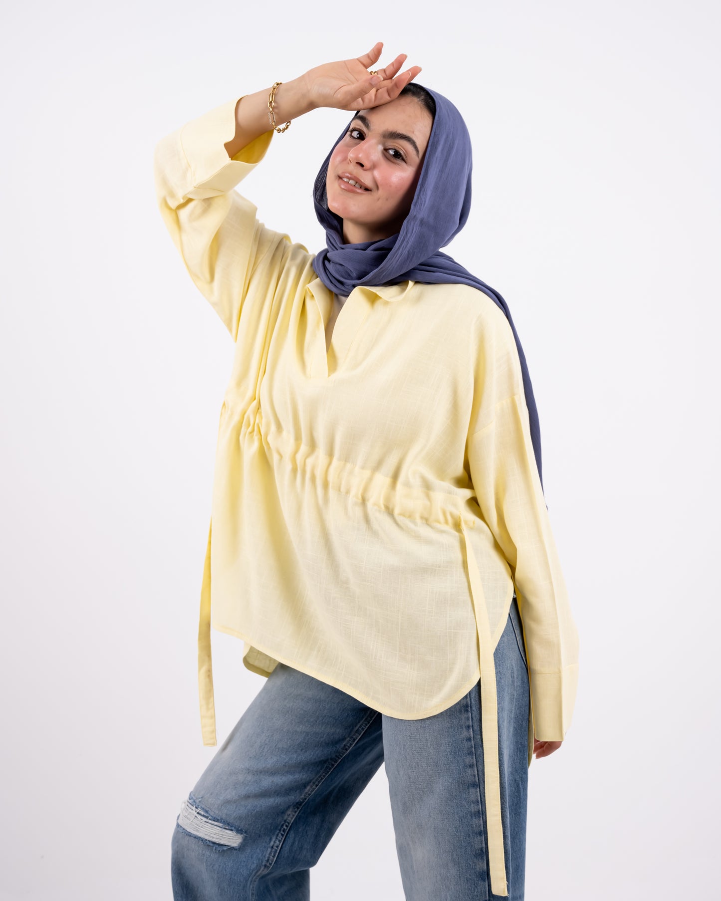 Rounded v neck linen shirt -yellow