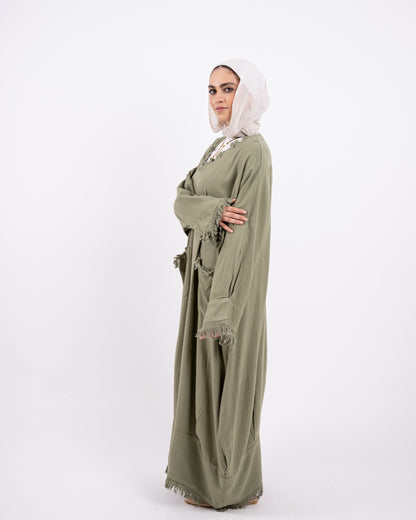 Fringes washed linen dress - olive