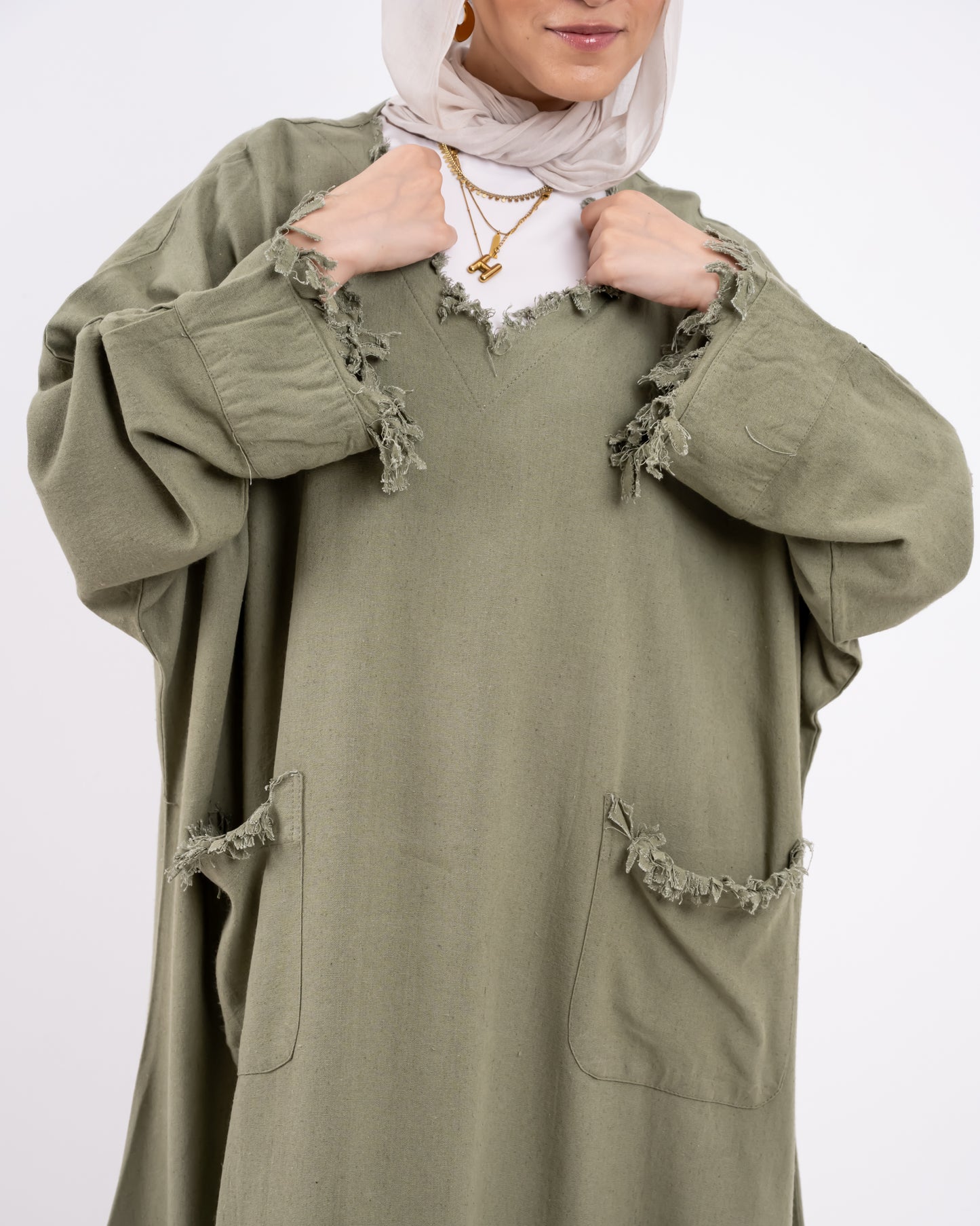 Fringes washed linen dress - olive
