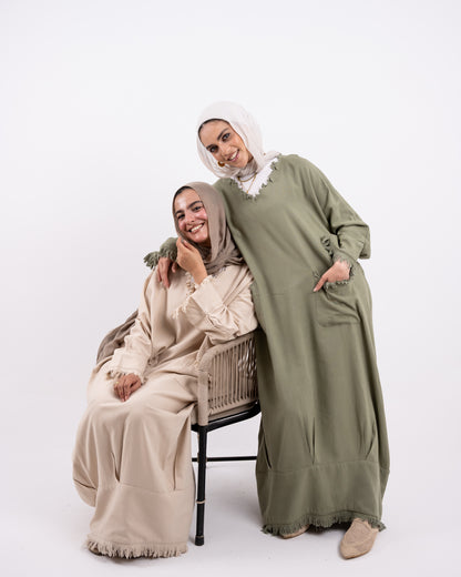 Fringes washed linen dress - olive