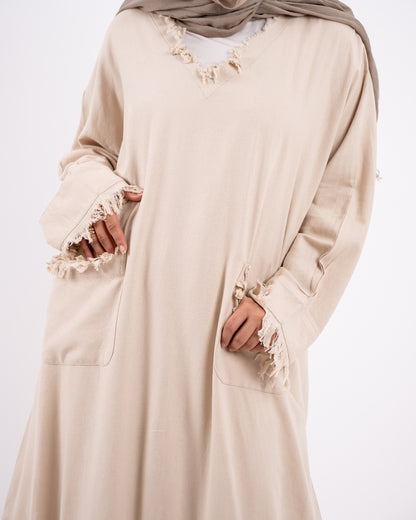 Fringes washed linen dress - beige