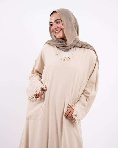 Fringes washed linen dress - beige