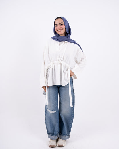 Rounded v neck linen shirt - white