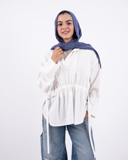 Rounded v neck linen shirt - white