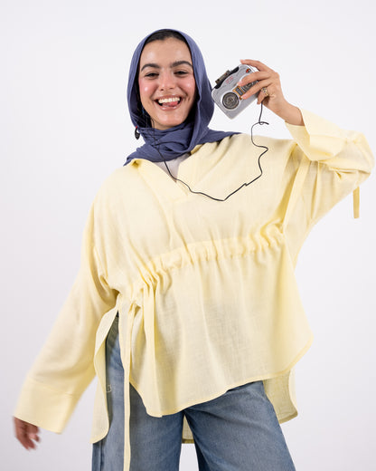 Rounded v neck linen shirt -yellow