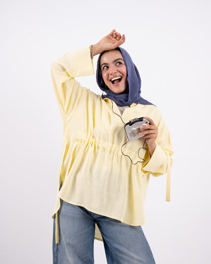 Rounded v neck linen shirt -yellow