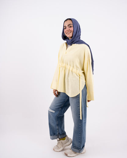 Rounded v neck linen shirt -yellow
