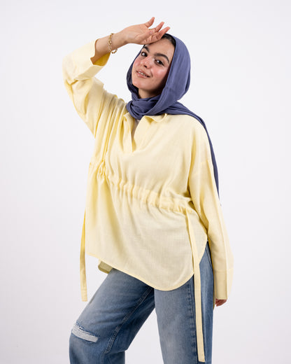 Rounded v neck linen shirt -yellow