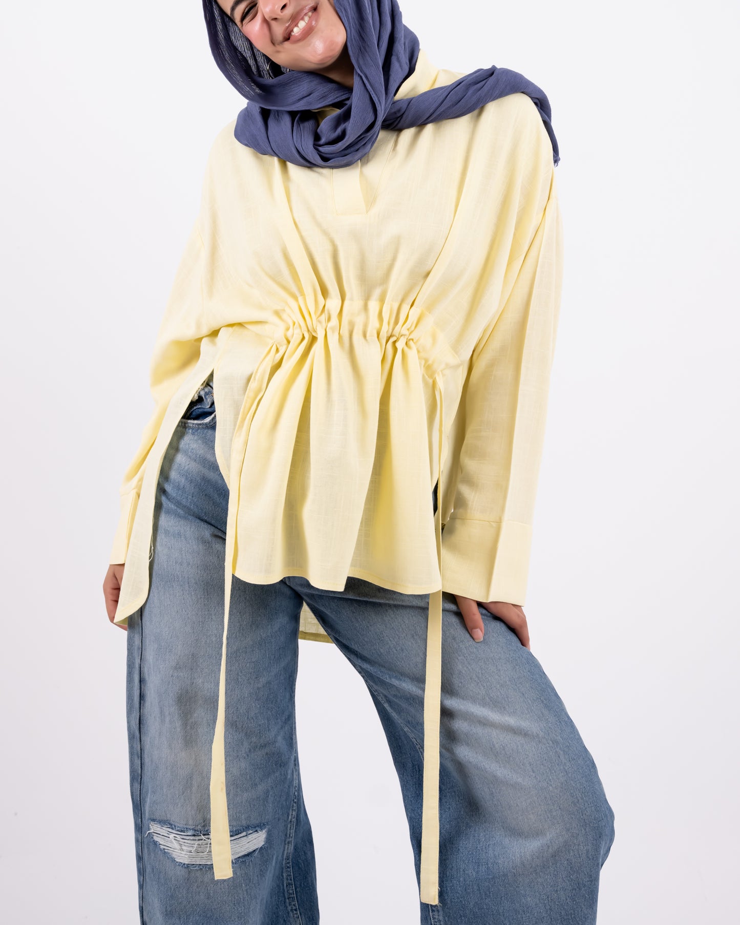 Rounded v neck linen shirt -yellow