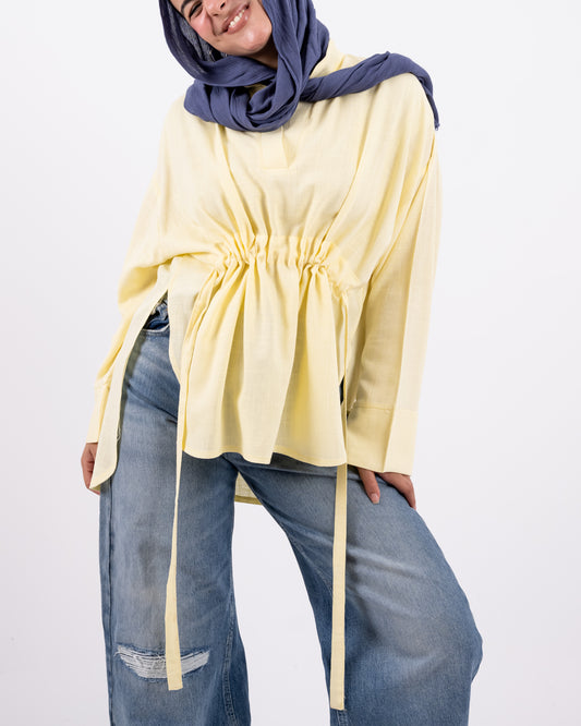 Rounded v neck linen shirt -yellow