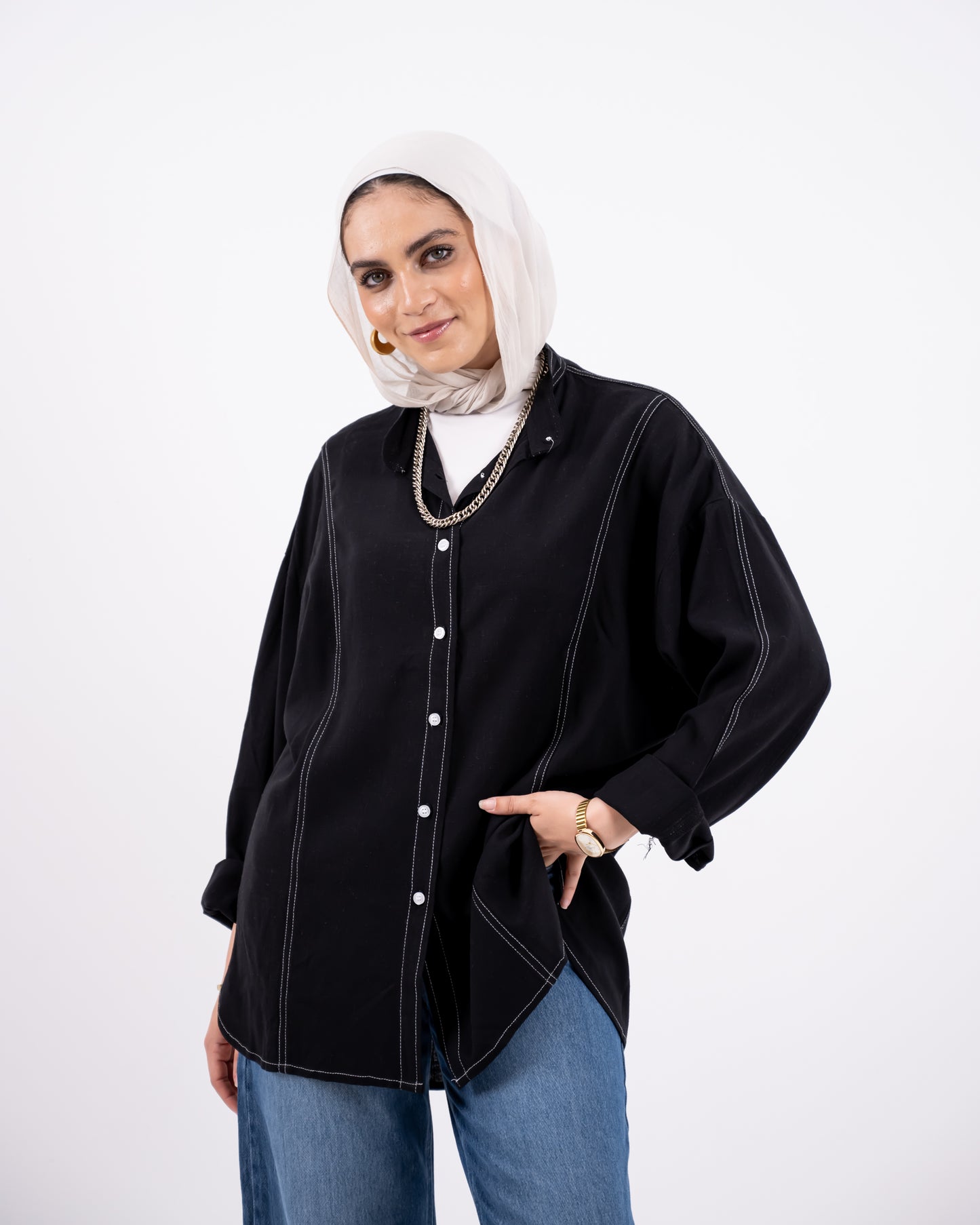 douple stitch shirt - black